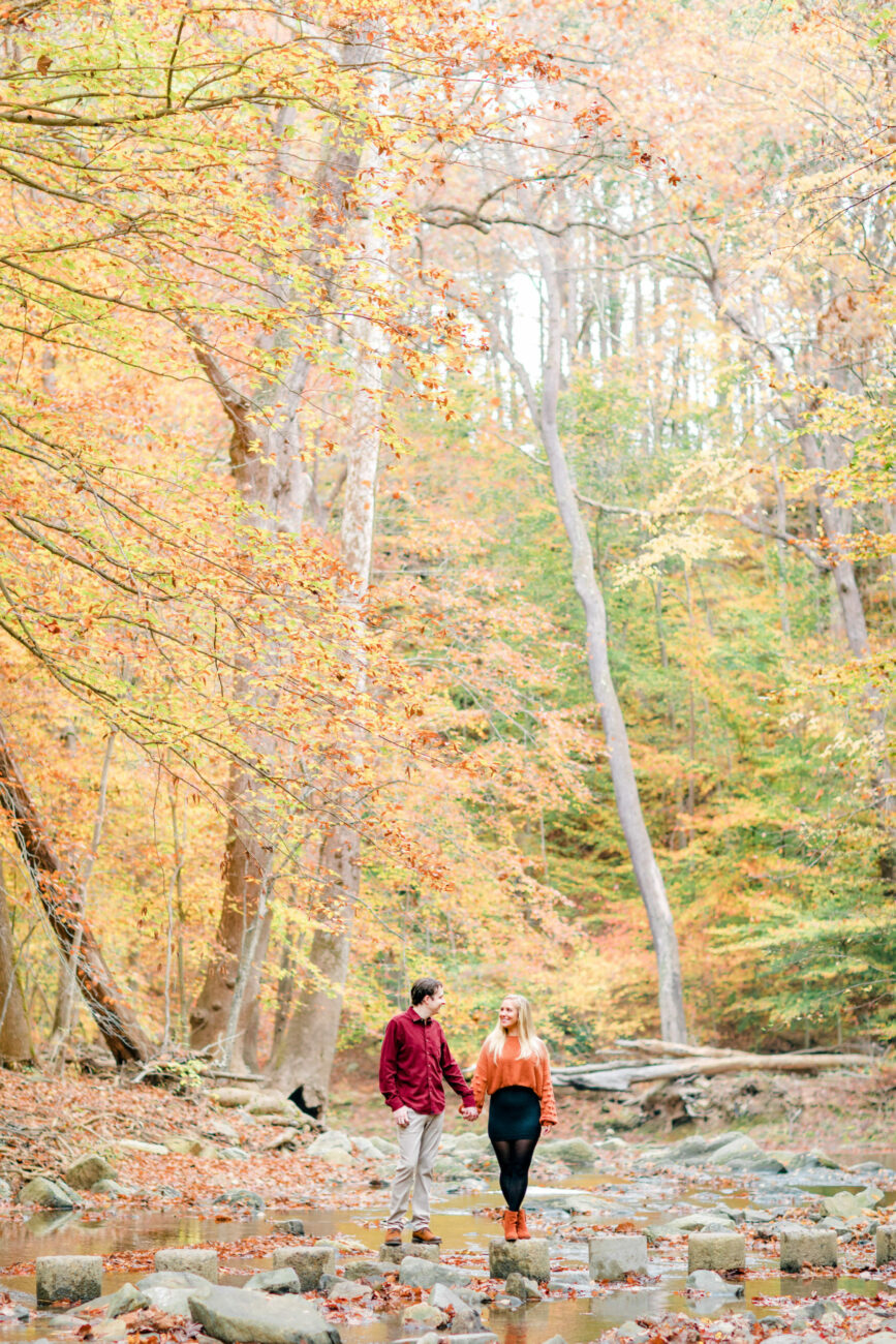 Fall engagement photography at Scotts Run Nature Preserve