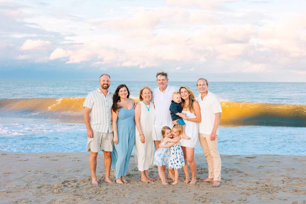 Family beach photo, sunset, ocean waves, children, relatives, summer casual, Nikki Schell Photography.