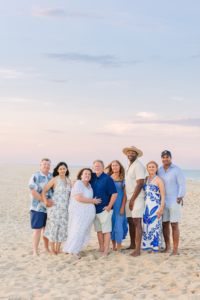 Multigenerational family beach portraits at Fenwick Island Delaware at sunset
